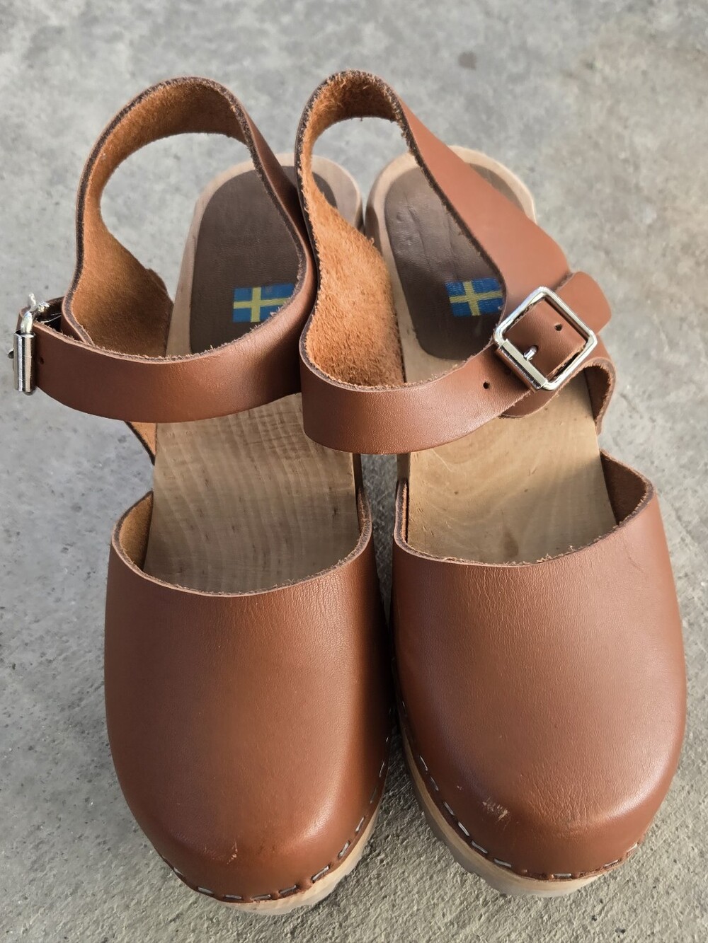 MIA Chestnut Brown Leather Clog Sandals with Buckle Strap - Picture 3 of 9